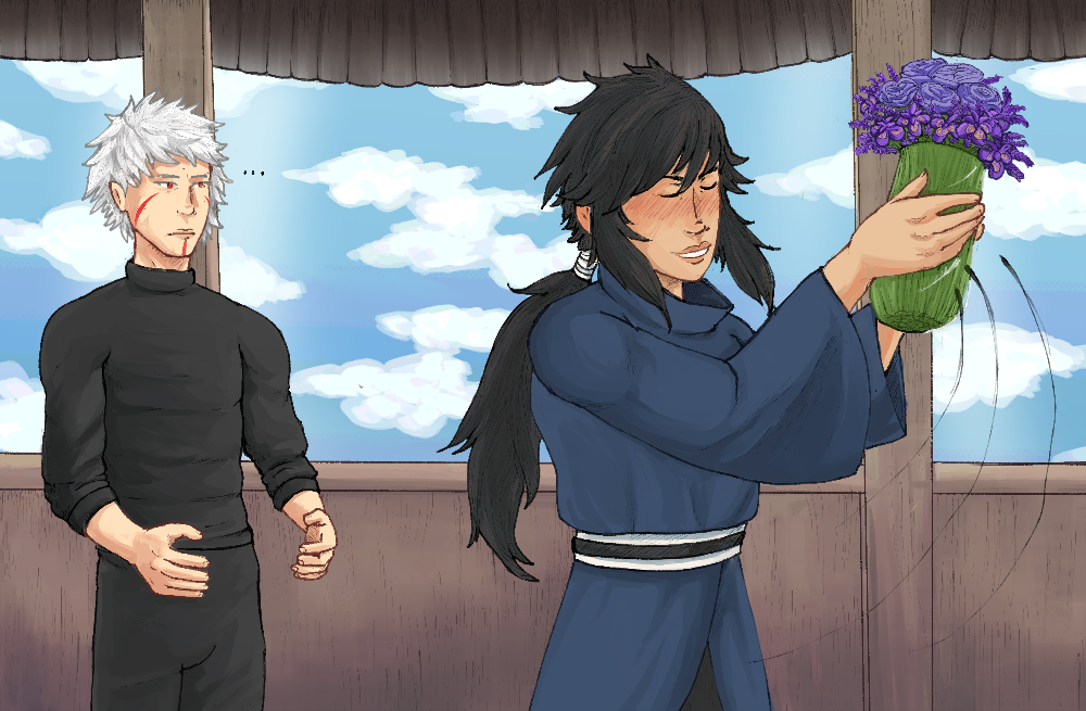 A blushing Izuna takes a vase of purple flowers from Tobirama, who looks unimpressed.