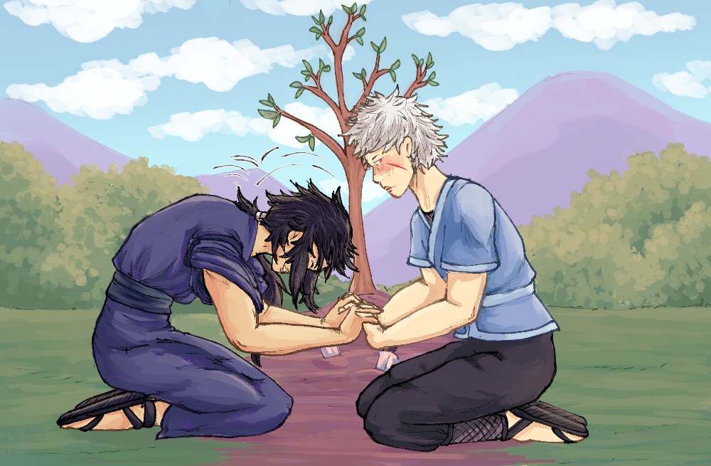 Izuna and Tobirama kneel on the ground holding hands in front of a tree sapling. Izuna is doubled over laughing, while Tobirama blushes.